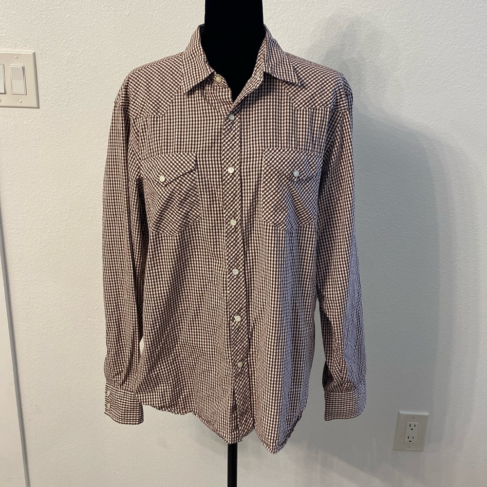J. Crew Shirtings Brown & White Check Snap Long Sleeve Size Large 100% Cotton